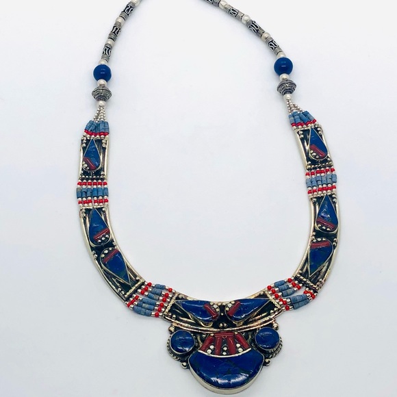 None Jewelry - Tibetan choker necklace lapis lazuli and red coral